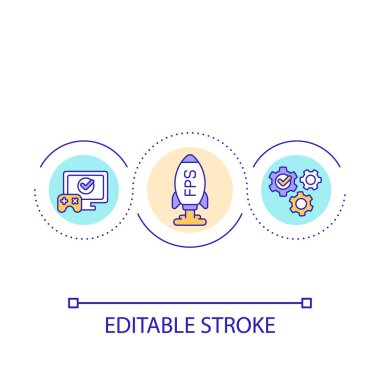 Yüksek kaliteli akış döngüsü konsepti simgesi. Video oyunları oynuyorum. Dijital eğlence soyut fikri ince çizgi çizimi. İzole bir taslak çizim. Düzenlenebilir felç. Kullanılan Arial yazı tipi