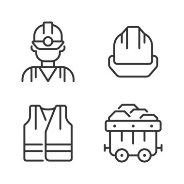 Kömür madencisi koruyucu ekipman pikseli mükemmel doğrusal ikonlar ayarlandı. Yansıtıcı yelek ve şapka. Ağır endüstri. Özelleştirilebilir ince çizgi sembolleri. İzole vektör çizimi çizimleri. Düzenlenebilir vuruş