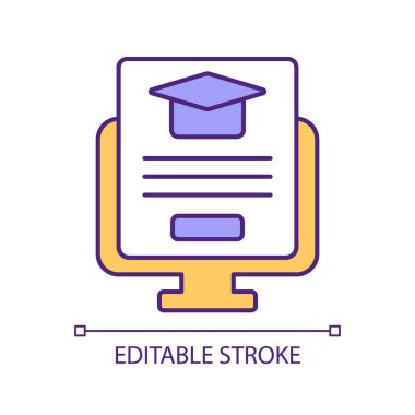 Eworking RGB renk simgesi. Uzaktan eğitim. İnternetten materyal öğren. Okul bilgisi. İnternette ödev yap. İzole vektör çizimi. Basit bir çizgi çizimi. Düzenlenebilir vuruş