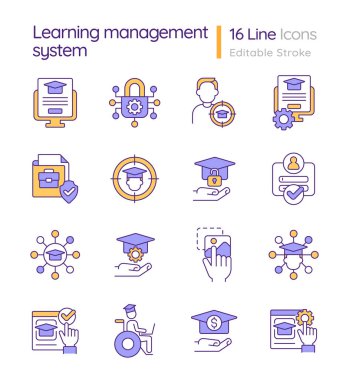 Öğrenme yönetim sistemi RGB renk simgeleri ayarlanıyor. Yemek yemek. Çalışmak için yazılım uygulaması. İzole vektör çizimleri. Basit çizgi çizimleri koleksiyonu. Düzenlenebilir vuruş