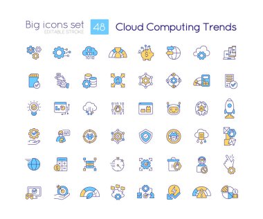 Bulut hesaplama trendleri RGB renk simgeleri ayarlandı. Dijital bilgi yönetimi. İzole vektör çizimleri. Basit çizgi çizimleri koleksiyonu. Düzenlenebilir felç. Kullanılan Bataklık Işığı yazı tipi