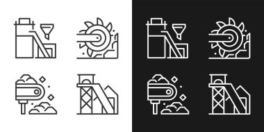 Kömür madenciliği süreci pikseli. Karanlık, aydınlık mod için mükemmel doğrusal ikonlar. İşleme tesisi. Kova tekerleği kazıcısı. Gece ve gündüz teması için ince çizgi sembolleri. İzole çizimler. Düzenlenebilir vuruş