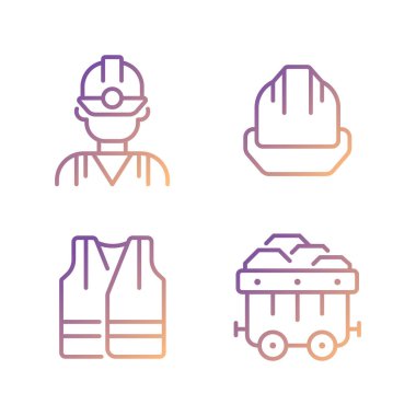 Kömür madencisi koruyucu ekipman pikseli mükemmel gradyan vektör simgeleri ayarlandı. Yansıtıcı yelek ve şapka. İnce çizgili sembol demetleri dizayn eder. İzole edilmiş taslak illüstrasyon koleksiyonu