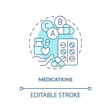 İlaçlar mavi konsept ikonu. Haplar. Kronik hastalık kapsamlı bakım planı soyut fikir ince çizgi çizimi. İzole bir taslak çizim. Düzenlenebilir felç. Arial, Myriad Pro-Kalın yazı tipleri