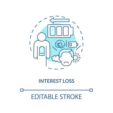 Faiz kaybı mavi konsept ikonu. Cesareti kırılmış bir hasta. Kronik bakım yönetimi fikri soyut ince çizgi çizimi. İzole bir taslak çizim. Düzenlenebilir felç. Arial, Myriad Pro-Kalın yazı tipleri