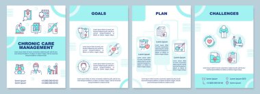 Kronik bakım yönetimi turkuaz broşür şürü. Çizgisel simgeli broşür tasarımı. Sunum için düzenlenebilir 4 vektör düzeni, yıllık raporlar. Arial-Black, Kullanılan Myriad Pro-Normal yazı tipleri