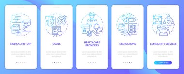 Chronic disease care plan blue gradient onboarding mobile app screen. Walkthrough 5 steps graphic instructions with linear concepts. UI, UX, GUI template. Myriad Pro-Bold, Regular fonts used