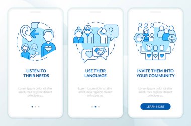 Support LGBTQ seniors blue onboarding mobile app screen. Community walkthrough 3 steps editable graphic instructions with linear concepts. UI, UX, GUI template. Myriad Pro-Bold, Regular fonts used