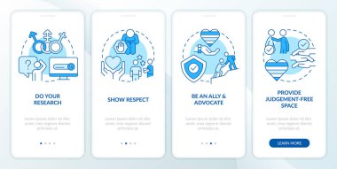 Supporting gender identity blue onboarding mobile app screen. Walkthrough 4 steps editable graphic instructions with linear concepts. UI, UX, GUI template. Myriad Pro-Bold, Regular fonts used