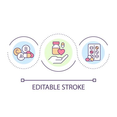 Medicament loop concept icon. Medical prescription. Disease treatment. Pills and supplements abstract idea thin line illustration. Isolated outline drawing. Editable stroke. Arial font used