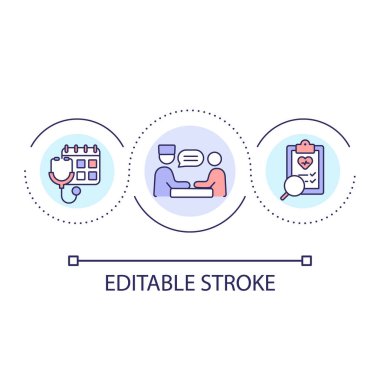 Regular doctor appointment loop concept icon. Medical checkup. Healthcare. Patient and physician abstract idea thin line illustration. Isolated outline drawing. Editable stroke. Arial font used