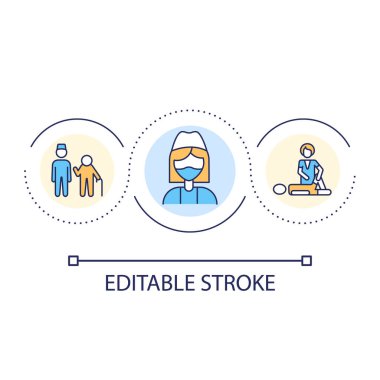 Nurse loop concept icon. Supporting patients. Conduct physiotherapy. Medical specialist abstract idea thin line illustration. Isolated outline drawing. Editable stroke. Arial font used