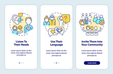 Support LGBTQ seniors onboarding mobile app screen. Community walkthrough 3 steps editable graphic instructions with linear concepts. UI, UX, GUI template. Myriad Pro-Bold, Regular fonts used