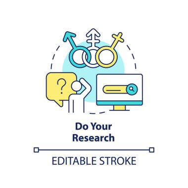 Do our research concept icon. Transgender people. Supporting gender identity abstract idea thin line illustration. Isolated outline drawing. Editable stroke. Arial, Myriad Pro-Bold fonts used