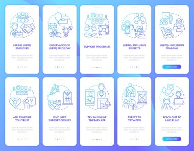 LGBTQI workplace and therapist blue gradient onboarding mobile app screens set. Walkthrough 5 steps graphic instructions with linear concepts. UI, UX, GUI template. Myriad Pro-Bold, Regular fonts used