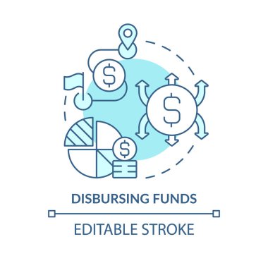 Disbursing funds turquoise concept icon. Simplify paying. Treasury management service abstract idea thin line illustration. Isolated outline drawing. Editable stroke. Arial, Myriad Pro-Bold fonts used