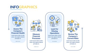 Determining treasury management need blue rectangle infographic template. Data visualization with 4 steps. Editable timeline info chart. Workflow layout with line icons. Lato-Bold, Regular fonts used