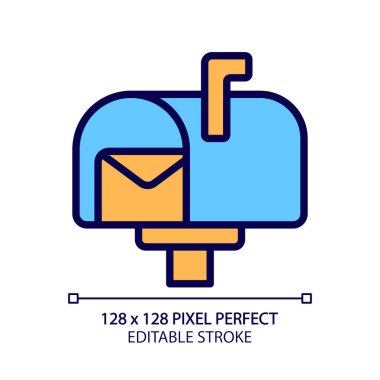 Postal service pixel perfect RGB color icon. Delivering letters, postcards. Postbox. Written communication. Correspondence. Isolated vector illustration. Simple filled line drawing. Editable stroke