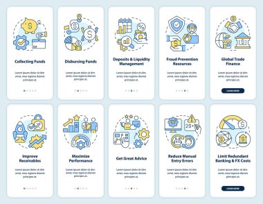 Treasury management service, advantages onboarding mobile app screen. Walkthrough 5 steps editable graphic instructions with linear concepts. UI, UX, GUI template. Myriad Pro-Bold, Regular fonts used