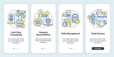 Treasury management system functions onboarding mobile app screen. Walkthrough 4 steps editable graphic instructions with linear concepts. UI, UX, GUI template. Myriad Pro-Bold, Regular fonts used