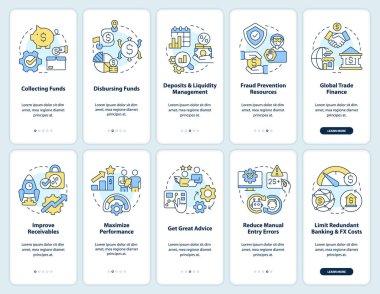 Treasury management service, advantages onboarding mobile app screen. Walkthrough 5 steps editable graphic instructions with linear concepts. UI, UX, GUI template. Myriad Pro-Bold, Regular fonts used