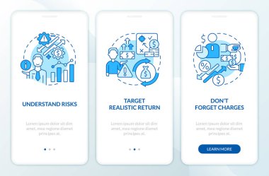 Investment expectations blue onboarding mobile app screen. Business walkthrough 3 steps editable graphic instructions with linear concepts. UI, UX, GUI template. Myriad Pro-Bold, Regular fonts used