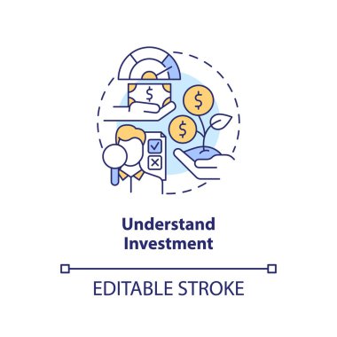 Understand investment concept icon. Money management. Financial success rule abstract idea thin line illustration. Isolated outline drawing. Editable stroke. Arial, Myriad Pro-Bold fonts used