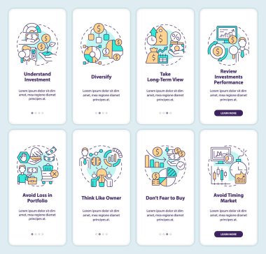 Rules of investing onboarding mobile app screens set. Finance walkthrough 4 steps editable graphic instructions with linear concepts. UI, UX, GUI template. Myriad Pro-Bold, Regular fonts used