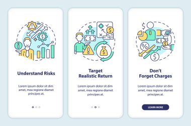 Investment expectations onboarding mobile app screen. Business walkthrough 3 steps editable graphic instructions with linear concepts. UI, UX, GUI template. Myriad Pro-Bold, Regular fonts used