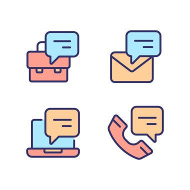 Chat balloons in corporate communication pixel perfect RGB color icons set. Business conversations. Isolated vector illustrations. Simple filled line drawings collection. Editable stroke