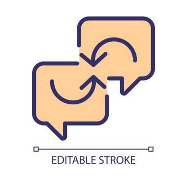 Exchange opinions pixel perfect RGB color icon. Connected chat bubbles with arrows. Thoughts sharing via messages. Isolated vector illustration. Simple filled line drawing. Editable stroke