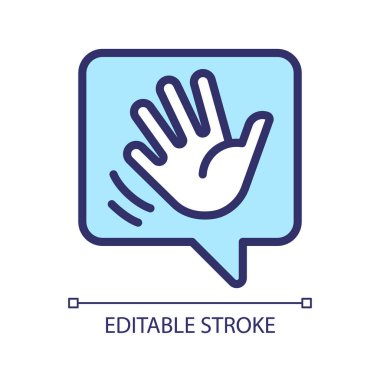 Saying hello pixel perfect RGB color icon. Greeting chat bubble with waving hand. Communication on social media. Isolated vector illustration. Simple filled line drawing. Editable stroke