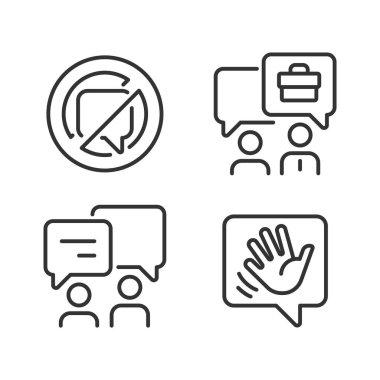 Speech balloons for dialogues pixel perfect linear icons set. Rules of effective communication. Message ban. Customizable thin line symbols. Isolated vector outline illustrations. Editable stroke