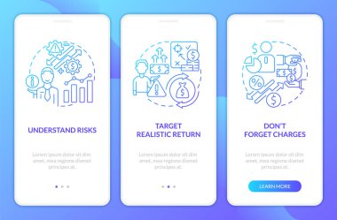 Investment expectations blue gradient onboarding mobile app screen. Business walkthrough 3 steps graphic instructions with linear concepts. UI, UX, GUI template. Myriad Pro-Bold, Regular fonts used