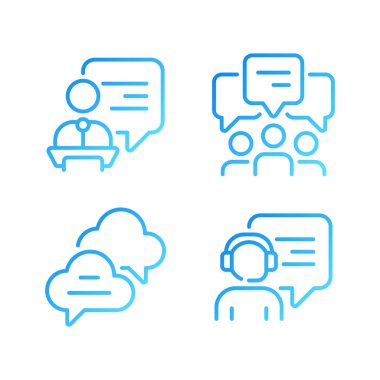 Speech bubbles in different spheres pixel perfect gradient linear vector icons set. Public communication ways. Thin line contour symbol designs bundle. Isolated outline illustrations collection