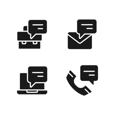 Chat balloons in corporate communication black glyph icons set on white space. Business conversations. Management. Silhouette symbols. Solid pictogram pack. Vector isolated illustration