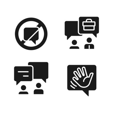 Speech balloons for dialogues black glyph icons set on white space. Rules of effective communication. Message ban. Silhouette symbols. Solid pictogram pack. Vector isolated illustration