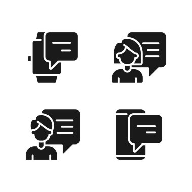 Communication with chat bubbles via gadgets black glyph icons set on white space. Technology of connection. Speech balloons. Silhouette symbols. Solid pictogram pack. Vector isolated illustration