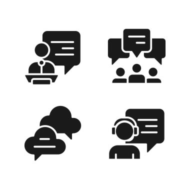 Speech bubbles in different spheres black glyph icons set on white space. Public communication ways. Chat balloons. Silhouette symbols. Solid pictogram pack. Vector isolated illustration