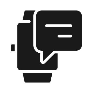 Notification from digital watch black glyph icon. Chat bubble over hand with device. Online communication. Silhouette symbol on white space. Solid pictogram. Vector isolated illustration