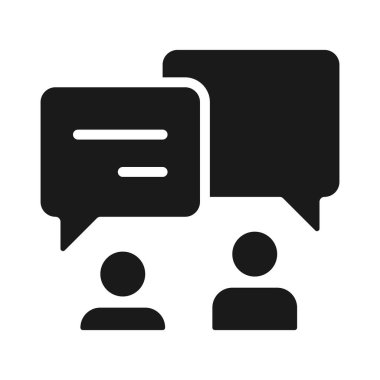 Discussion in pairs black glyph icon. Talking people with chat bubbles. Communication between friends. Silhouette symbol on white space. Solid pictogram. Vector isolated illustration