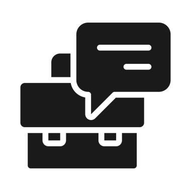 Briefcase with speech bubble black glyph icon. Commercial offer presentation. Corporate communication. Silhouette symbol on white space. Solid pictogram. Vector isolated illustration