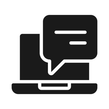 Laptop with speech bubble black glyph icon. Message notification on notebook computer. Online communication. Silhouette symbol on white space. Solid pictogram. Vector isolated illustration