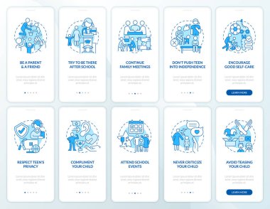Teen parenting and self esteem blue onboarding mobile app screens set. Walkthrough 5 steps editable graphic instructions with linear concepts. UI, UX, GUI template. Myriad Pro-Bold, Regular fonts used
