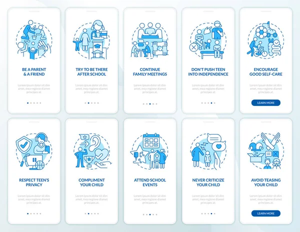 Teen parenting and self esteem blue onboarding mobile app screens set. Walkthrough 5 steps editable graphic instructions with linear concepts. UI, UX, GUI template. Myriad Pro-Bold, Regular fonts used
