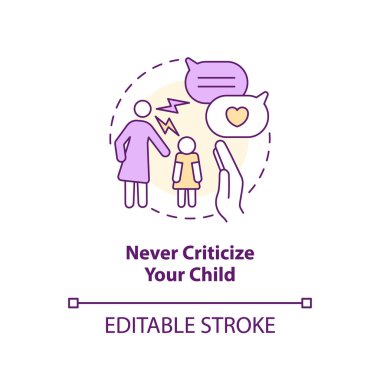 Never criticize your child concept icon. Promoting self esteem in teens abstract idea thin line illustration. Isolated outline drawing. Editable stroke. Arial, Myriad Pro-Bold fonts used
