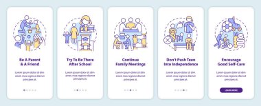 Peaceful teen parenting tips onboarding mobile app screen. Family walkthrough 5 steps editable graphic instructions with linear concepts. UI, UX, GUI template. Myriad Pro-Bold, Regular fonts used