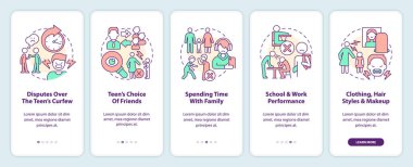 Parent teen conflict areas onboarding mobile app screen. Family walkthrough 5 steps editable graphic instructions with linear concepts. UI, UX, GUI template. Myriad Pro-Bold, Regular fonts used