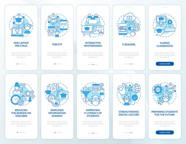 ICT in education industry blue onboarding mobile app screens set. Walkthrough 5 steps editable graphic instructions with linear concepts. UI, UX, GUI template. Myriad Pro-Bold, Regular fonts used