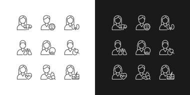 Hospital services pixel perfect linear icons set for dark, light mode. Cardiologist, gastroenterology. Diagnostics. Thin line symbols for night, day theme. Isolated illustrations. Editable stroke
